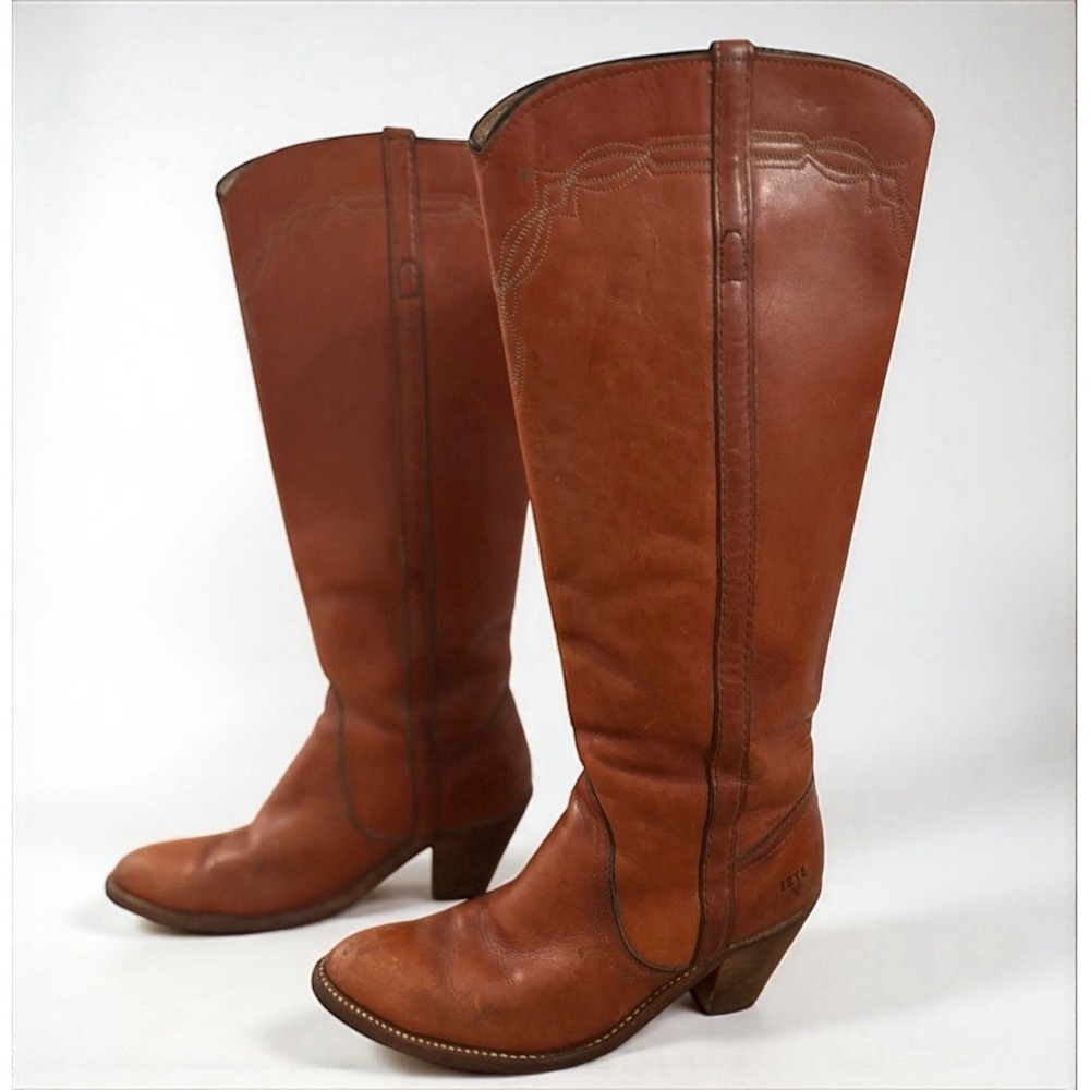 Vtg Frye 70's Campus Leather Stacked Heel Riding Boots Womens 8 Cognac Brown USA - Picture 4 of 12